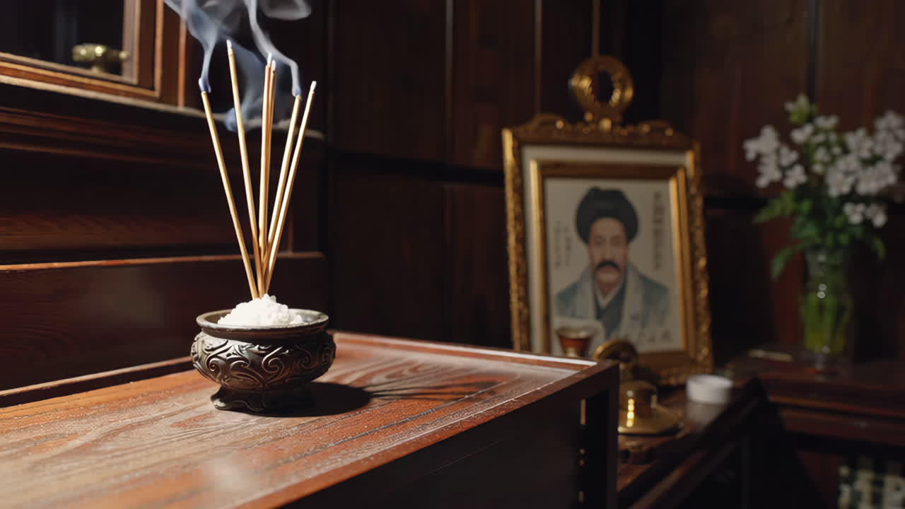 Incense and Portrait in a Traditional Shrine