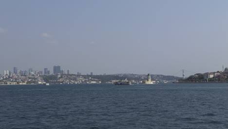 establishing shot of the bosphorus in istanbul, turkey, scenic view of the iconic strait with a distant city skyline