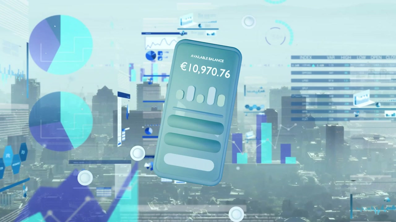 On data appearing teal phone floating center displaying AVAILABLE BALANCE €10,970