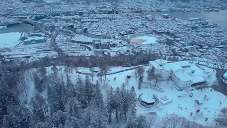 aerial view of bergen village, norway fjord overview, amazing aerial drone flying movement