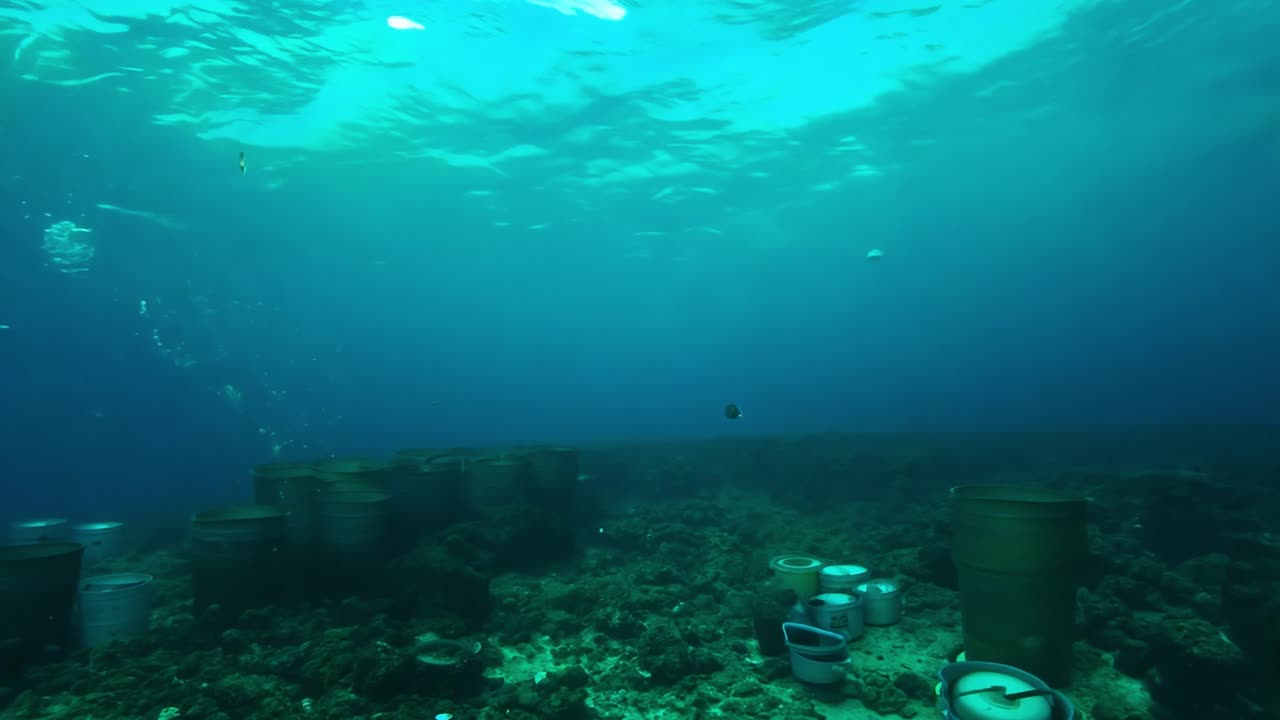 배럴 과 물고기 들 이 있는 수중 장면
