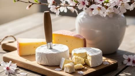 a scenic display of various cheeses artfully arranged on a wooden board accompanied by beautiful cherry blossom flowers in a charming setting
