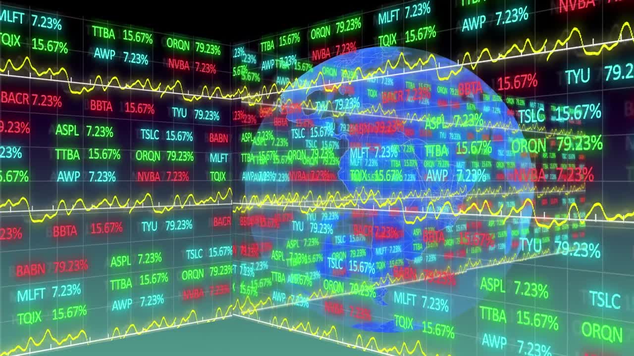 녹색 그라디언트 배경에 회전하는 지구상에서 주식 시장 데이터 처리의 애니메이션