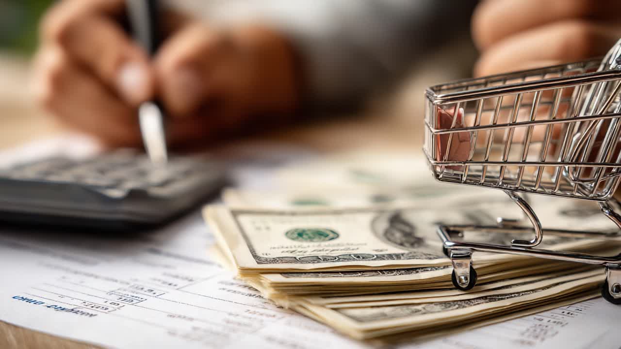 Un esame dettagliato della gestione finanziaria: analisi di budget, flusso di cassa e spese con denaro, calcolatrici e concetti di carrello della spesa.