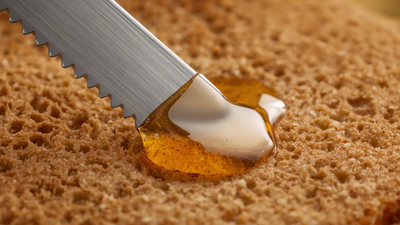 Pressing serrated knife tip spreading golden syrup into puddles on toast in kitchen to coat