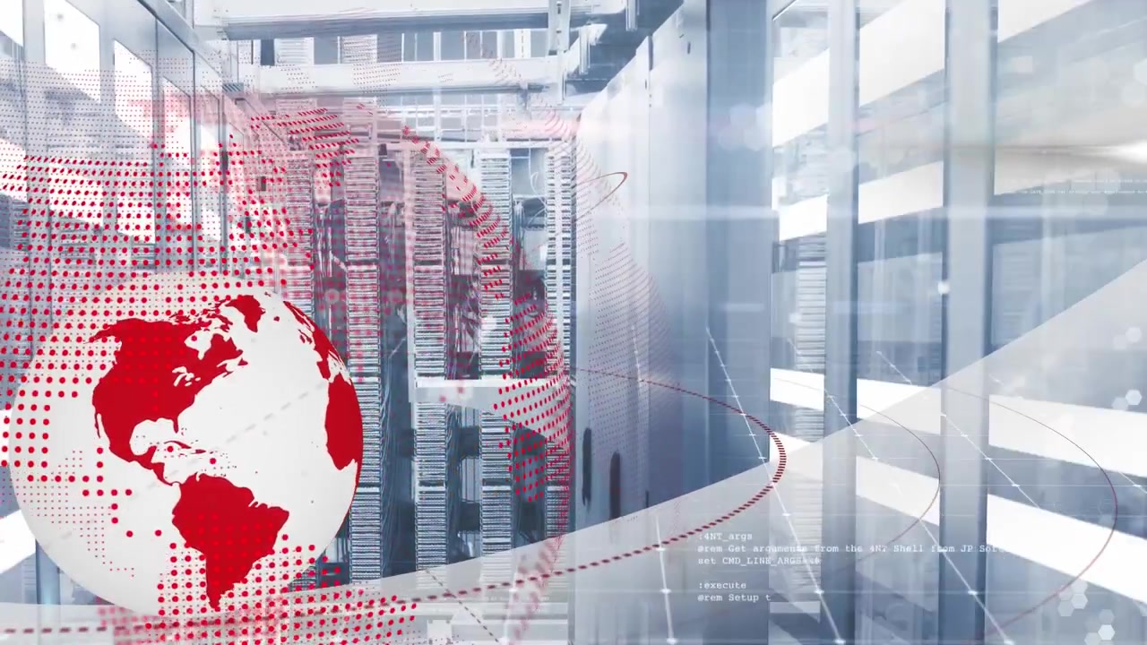 Animation of data processing and globe over server room