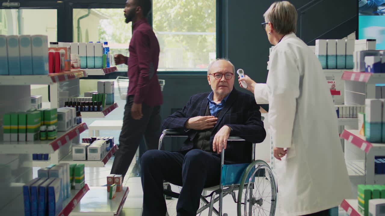 Pharmacist Assisting Senior Man in Wheelchair at Pharmacy