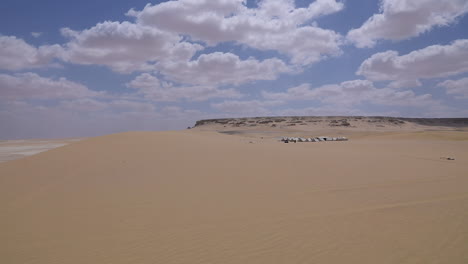 camp in the desert under a cloudy sky - wide shoot - pan right