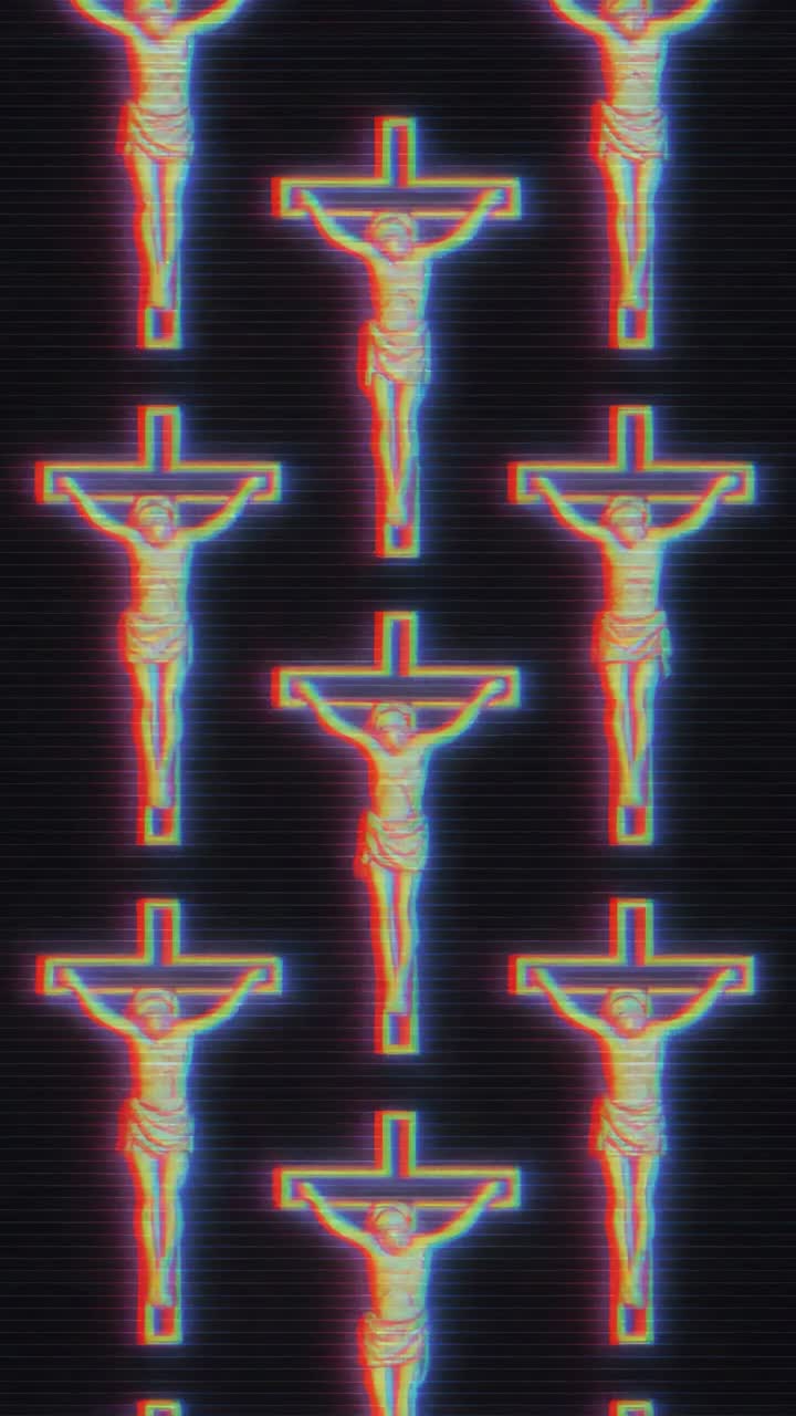 A repeating pattern of crucifixes with a retro 3D glitch effect, viewed from the front