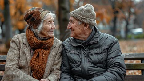 elderly couple sharing a moment on a park bench in autumn
