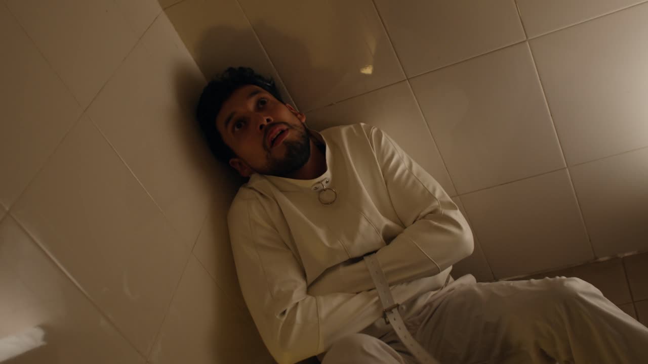 Man in cell looking distressed, wearing white suit, isolated state