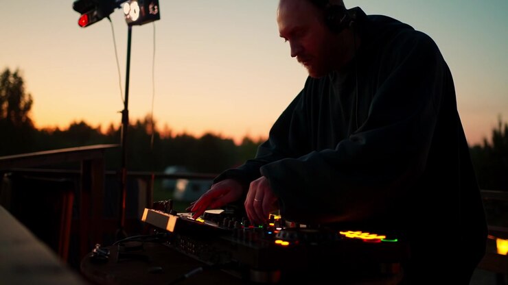 DJ che mixa musica sul controller a una festa all'aperto al tramonto