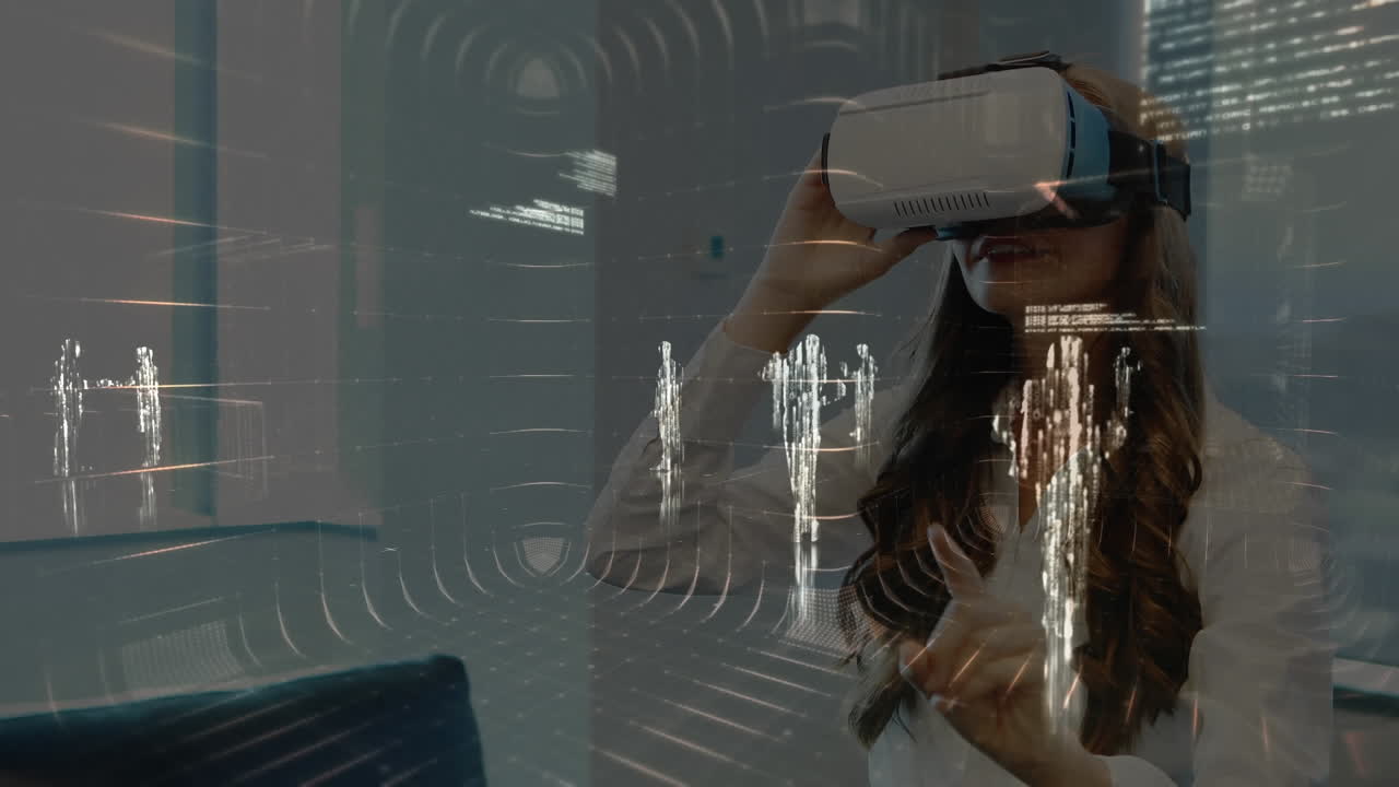 Animation of data processing over woman wearing vr headset