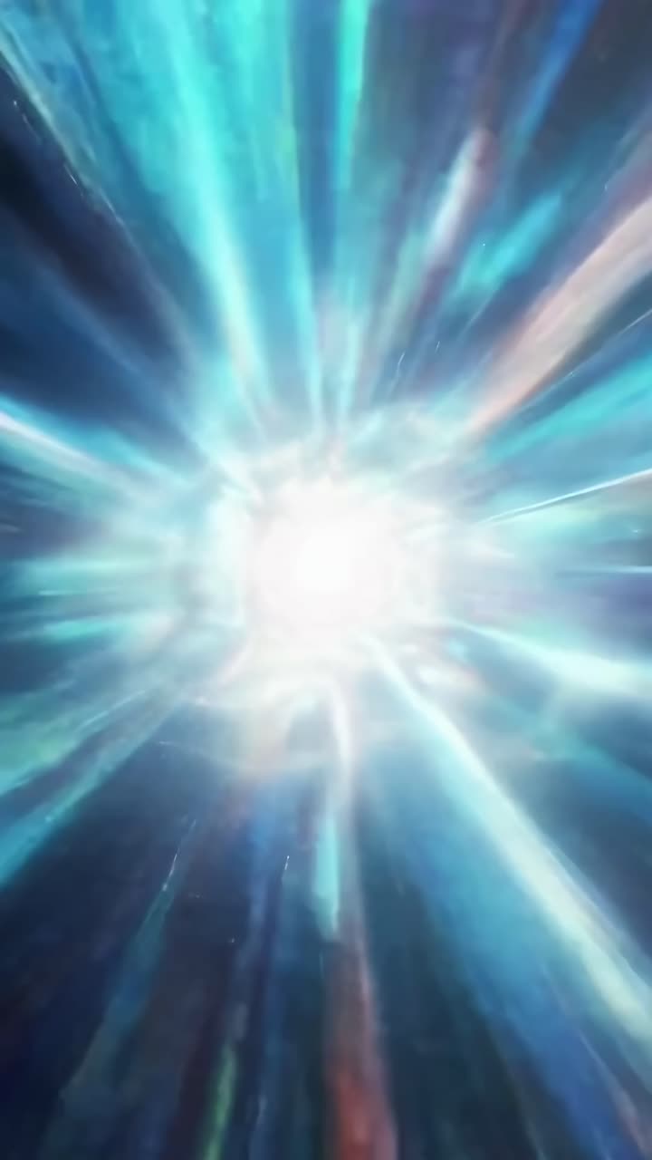 Dynamic cosmic tunnel video effect with a central zoom angle, featuring vibrant light streaks