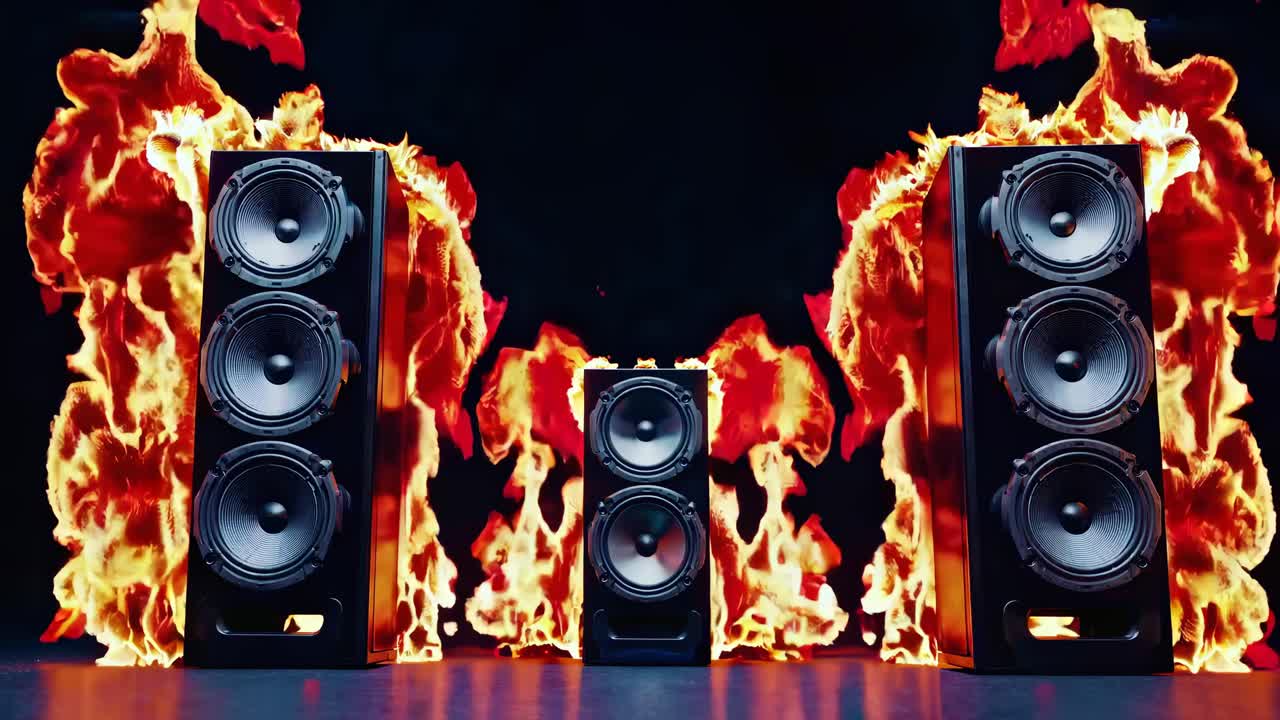 Dynamic video of three speakers engulfed in flames, shot from a low angle, emphasizing energy