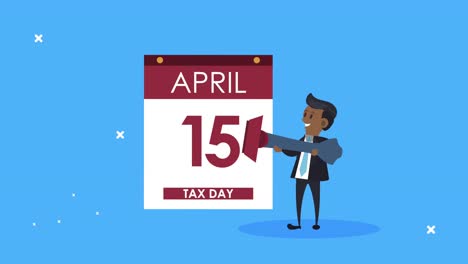 animación del día de impuestos con calendario y hombre de negocios