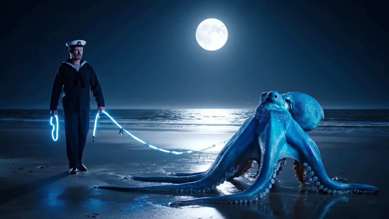 Un marin promenant une pieuvre sur une plage au clair de lune