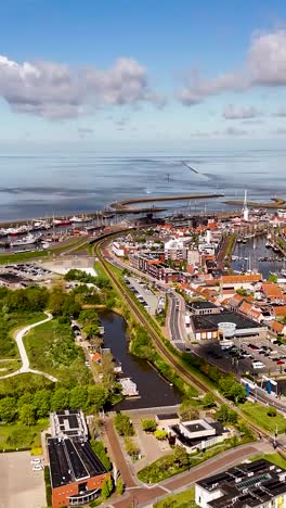 aerial view of a dutch town by the water