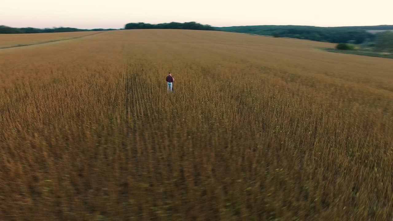 Romantic Young Couple Silhouette. Aerial shot of a adorable young couple embracing and kissing tenderly in countryside at sunset