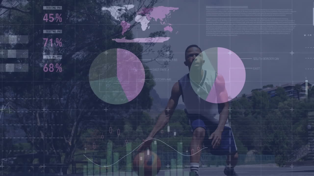animación del procesamiento de datos financieros sobre un jugador de baloncesto masculino biracial