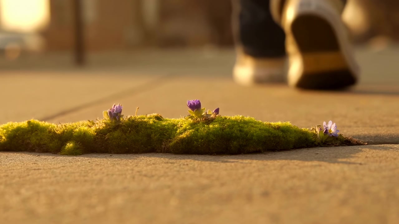 En avslappnad promenad på en trottoar med läderskor bland lila blommor och grönt gräs, fångad från låg vinkel med bruna och gröna toner, som speglar en urban livsstil och mode.