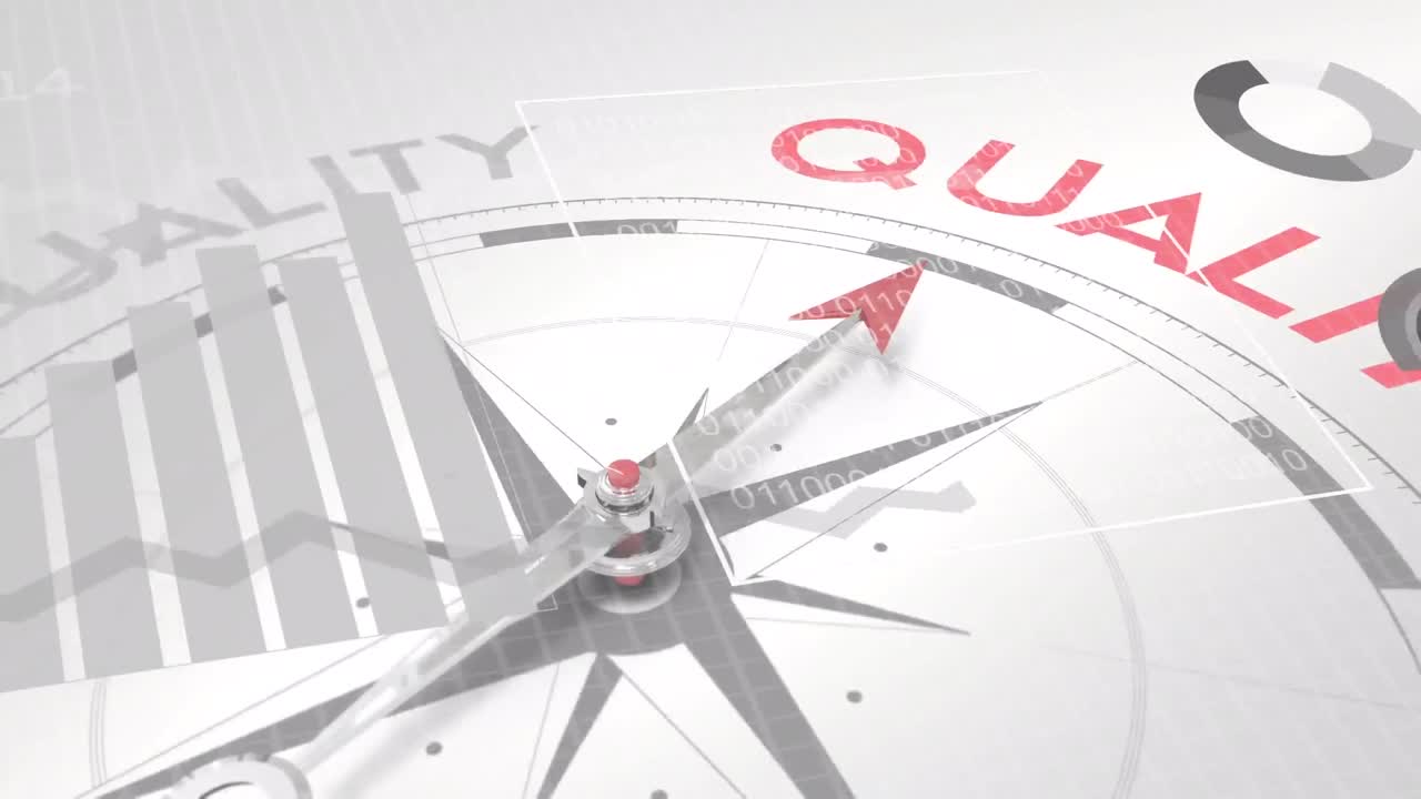 Animation of statistics and data processing over compass with needle moving on quality texts