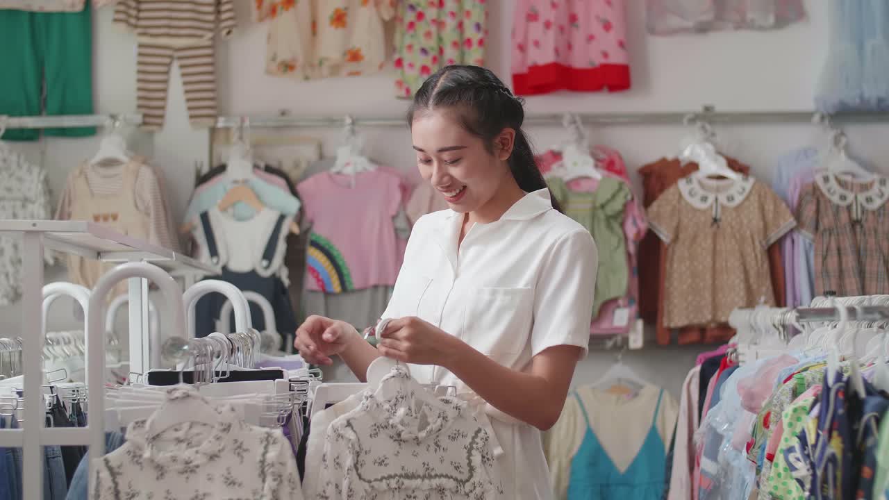propietaria asiática de una tienda de ropa para niños colgando vestidos de bebé en el carril mientras comproba el stock en la tienda