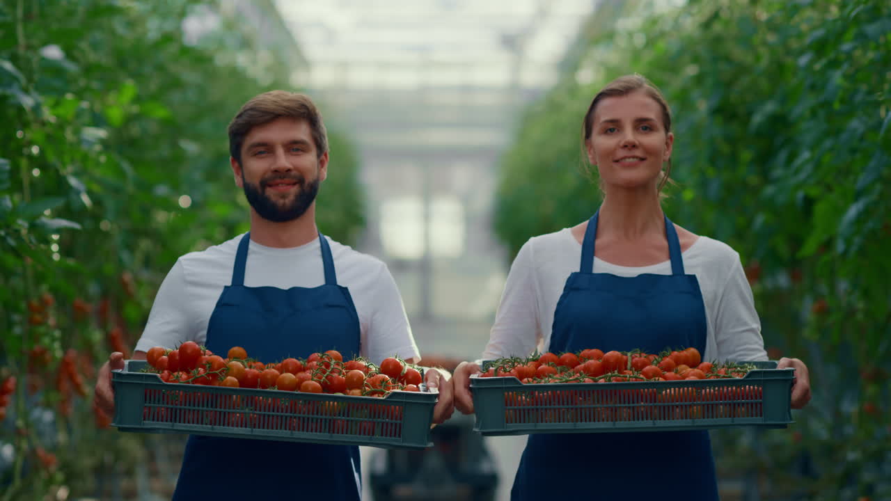 Couple farmers showing harvest tomatoes vegetable basket in modern greenhouse.