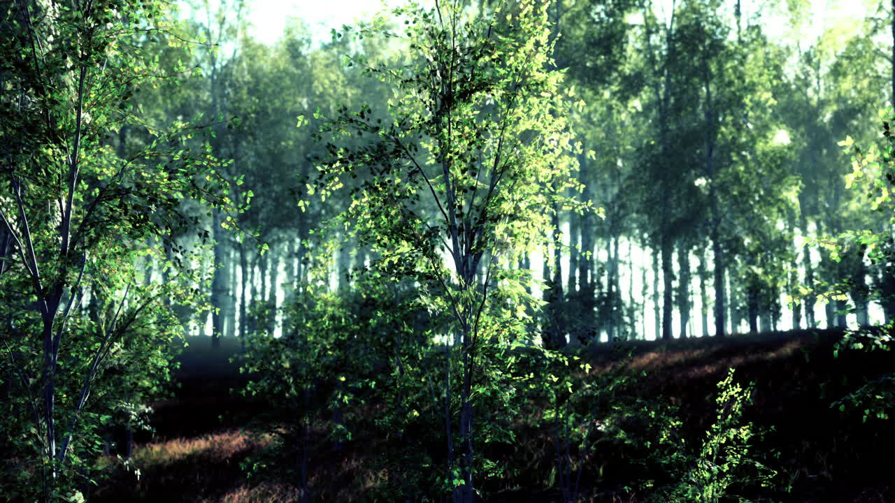 아침 빛 속의 안개 숲