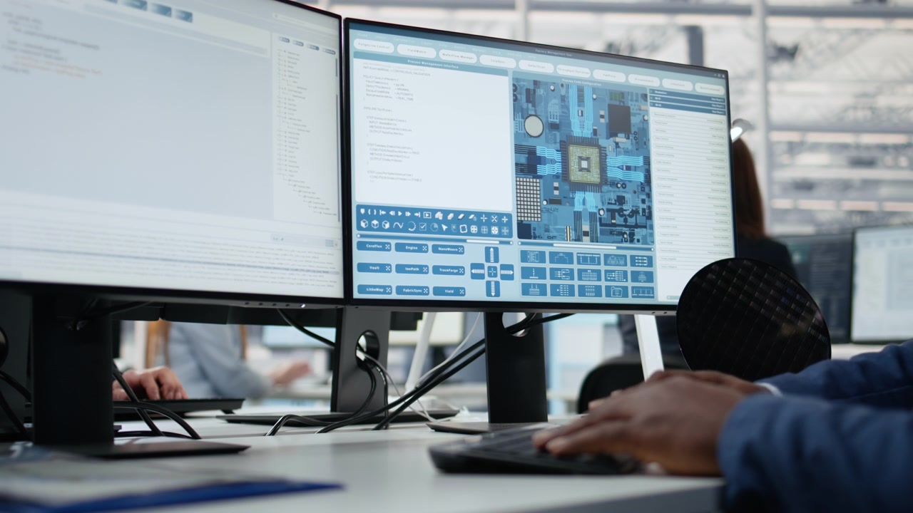 Analyserer PCB-arkitektur, PC-nærbilde og tekniker i halvlederfabrikk.