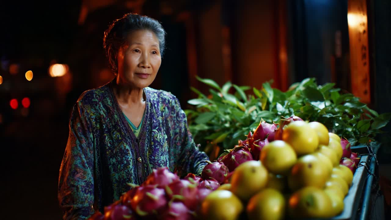 Serene Night Encounter: A Compassionate Woman Engages with a Vibrant Display of Fresh Fruits at a Street Market, Illuminated by Soft Lights, Reflecting the Beauty of Nightlife and Community Spirits