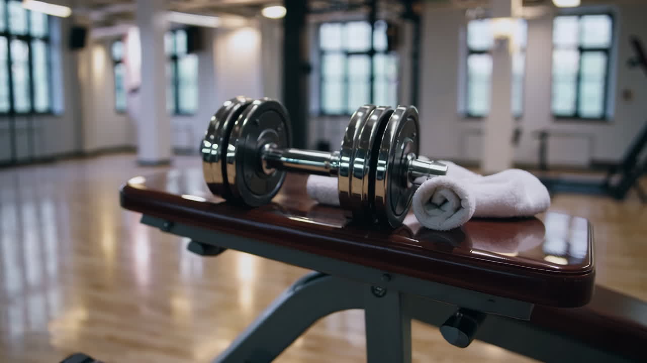 Dumbbells and Towel on Exercise Bench in Gym
