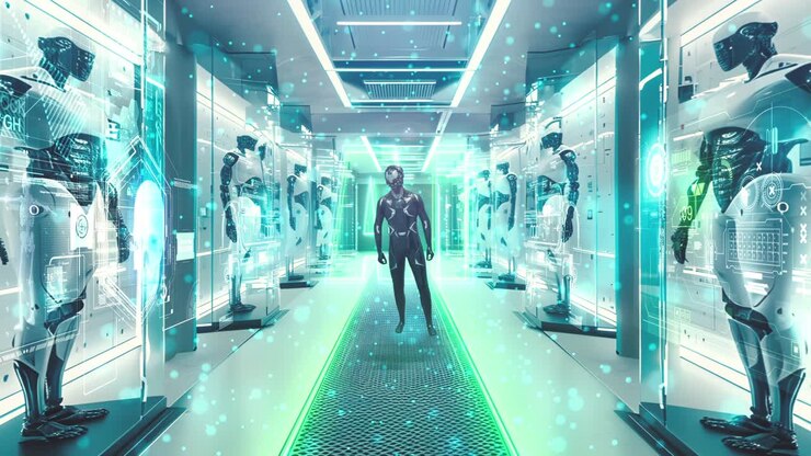 futura sala de exposiciones con robots y humanos