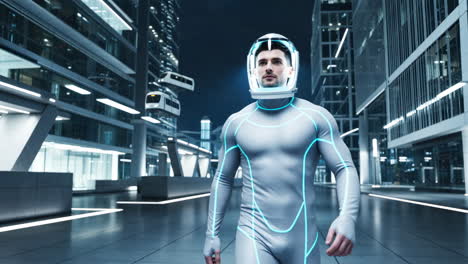 man in futuristic suit in modern urban environment
