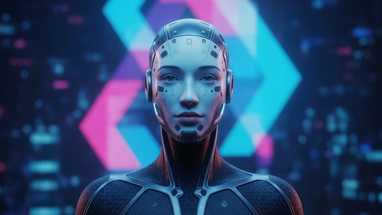 Futuristic Robot Close-up: A Stunning Visual Representation of a Cybernetic Being Against a Neon Backdrop Emphasizing Advanced Technology and Artificial Intelligence