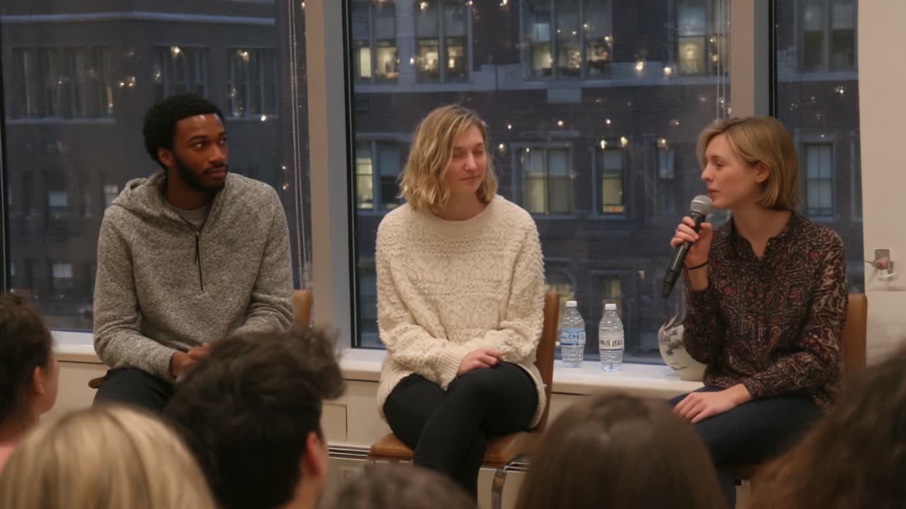 Engagerende diskussion mellem tre talere i hyggelige omgivelser med en lys vinduesudsigt, der fanger øjeblikke af indsigtsfuld samtale og publikumsinteraktion.