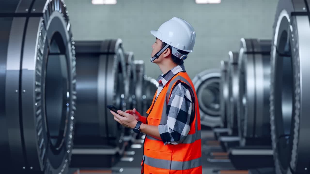 Side View Of Asian Male Engineer With Safety Helmet Using Smartphone And Looking Around While Standing In Metal Factory