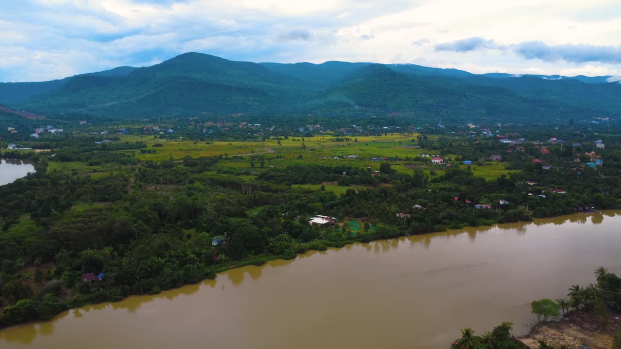 Mekong river rural Cambodia Southeast Asia countryside lush green hills