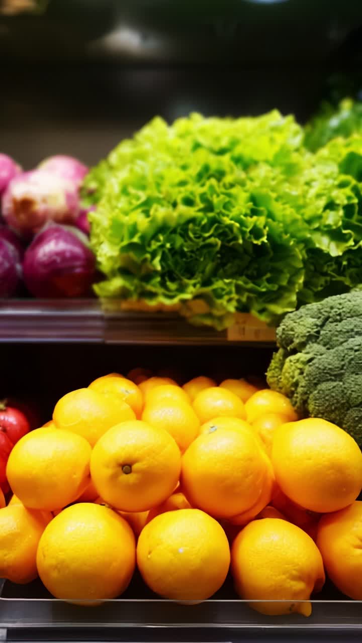 Fresh Market Display Featuring Vibrant Yellow Oranges, Crisp Green Lettuce, Purple Onions, and Broccoli, Showcasing Nature's Bounty and Nutritional Variety