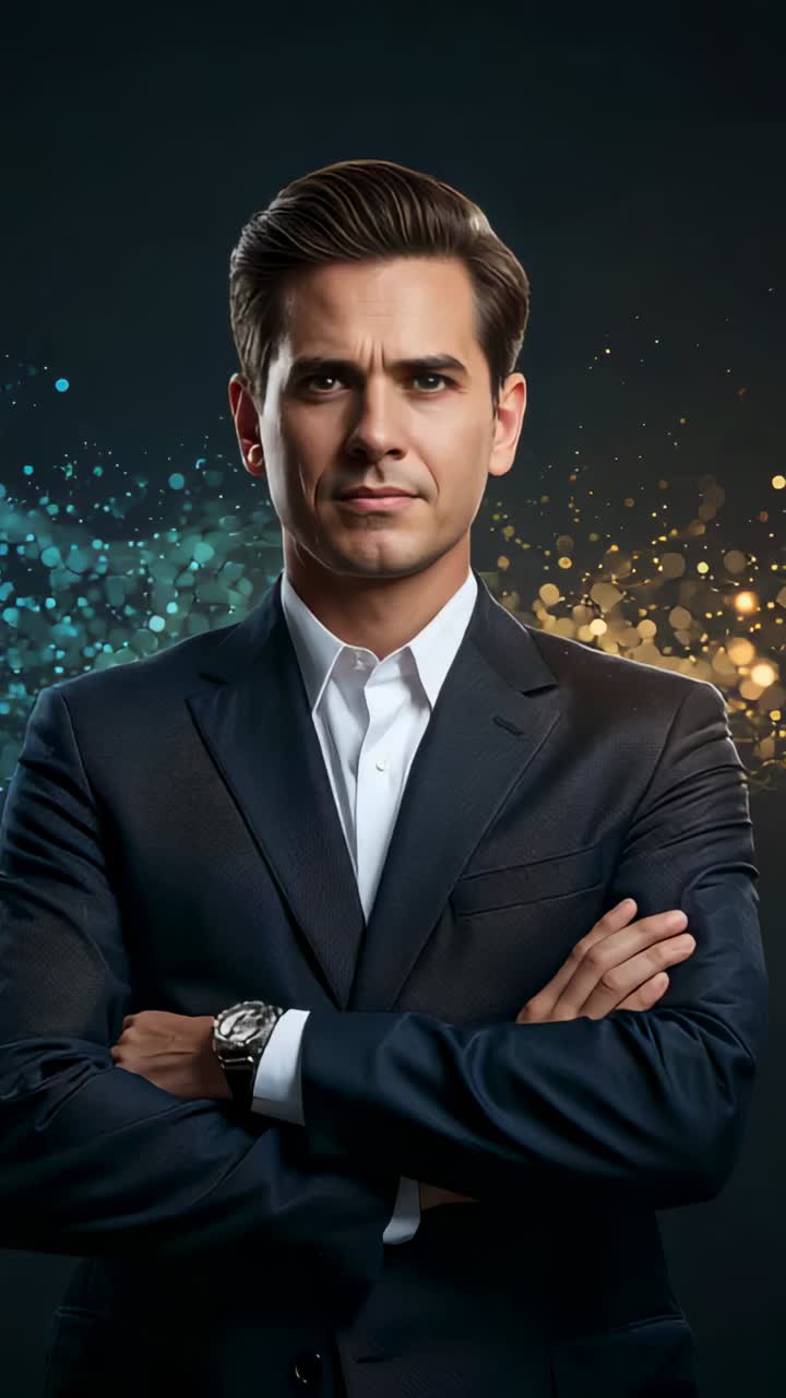 Vertical video: Camera rolling, exec posing with arms crossed in studio with watch, teal or gold bok