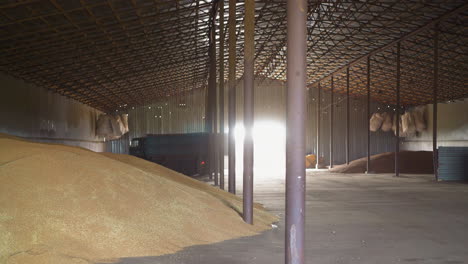 lorry drives along granary with piles of wheat grains crop