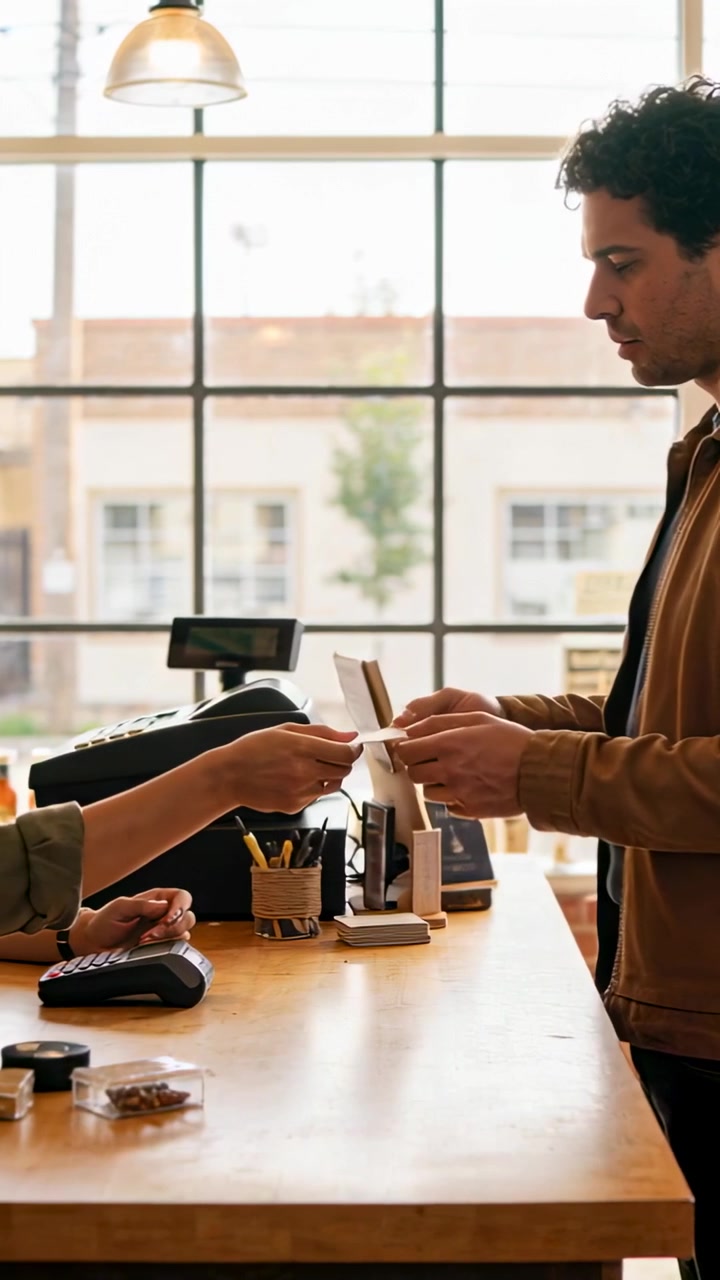 Vertical video: Approaching man in brown jacket handing card at counter, paying via POS, copy space