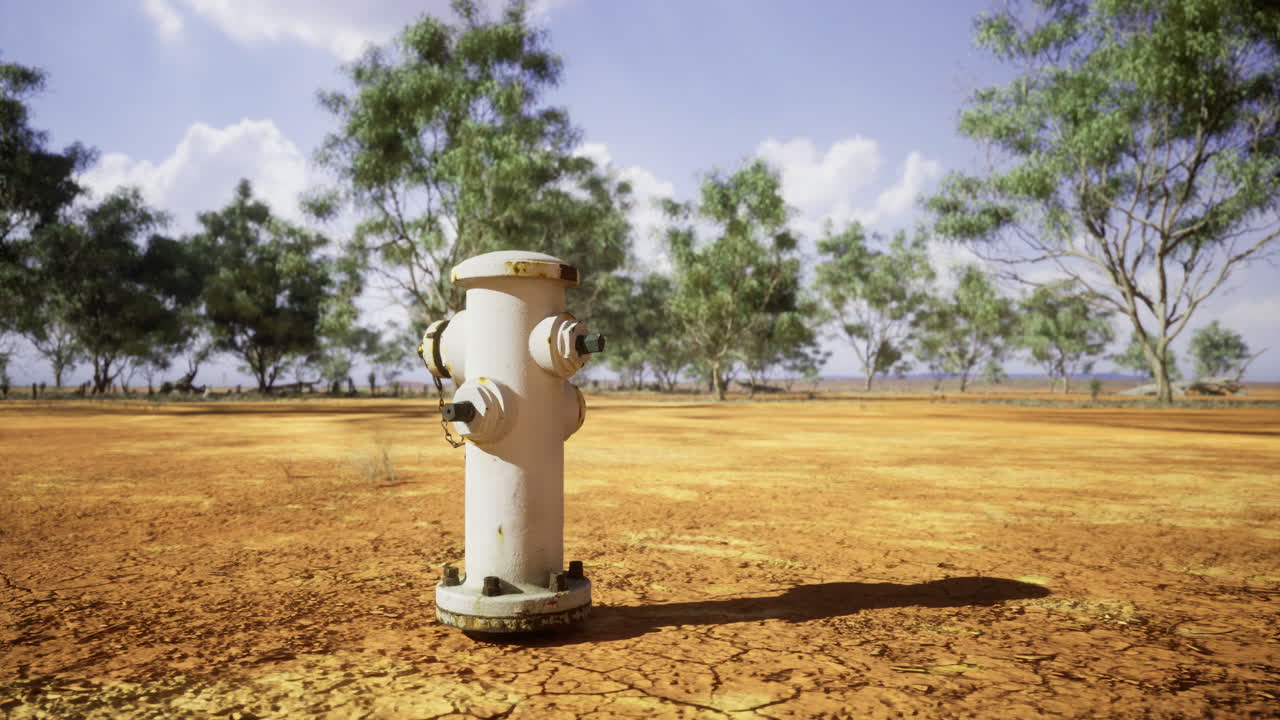 Hydrant stands alone in a parched landscape under a bright blue sky