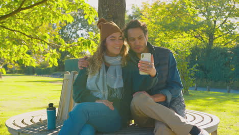 pareja sentada en un banco en el parque de otoño haciendo una llamada de video en el teléfono móvil