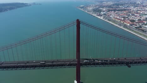 top-down aerial drone shot of the 25th of april bridge in lisbon, portugal