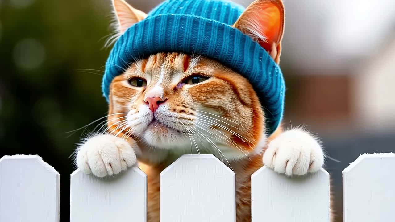 Seekor kucing mengenakan topi biru mengintip dari balik pagar putih