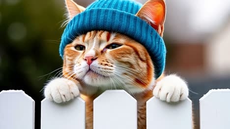 a cat wearing a blue hat peeking over a white fence