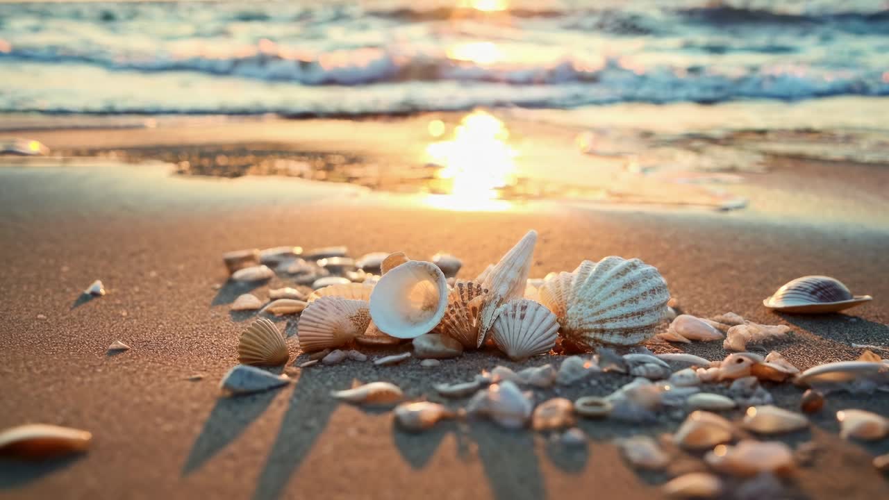 Close-up video of seashells scattered on sandy beach at sunset