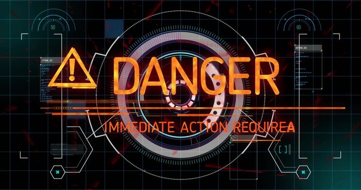 Central HUD animating on warning icon appearing rings rotating text forming demanding urgent action
