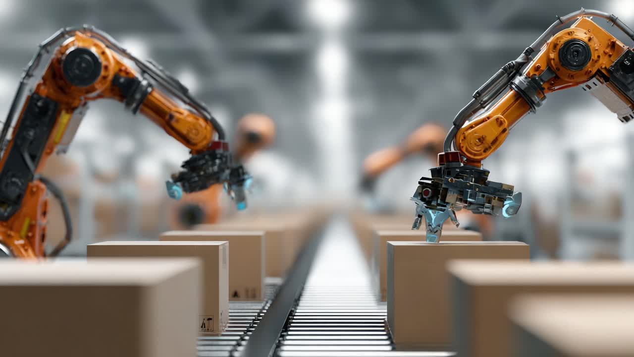 Advanced Robotic Arms Engaged in Streamlined Packaging Operations Within a High-Tech Warehouse Environment, Enhancing Efficiency and Precision in Logistics